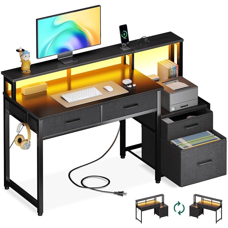 AODK パソコンデスク ゲーミングデスク 引き出し コンセント付き 幅120 cm 机 pcデスク 勉強机 gaming desk LED＆モニター台付き オフィス 在宅ワーク ゲーム用 左右入れ替え対応 ブラック 1