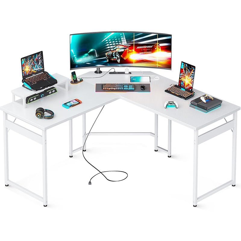 AODK l字デスク パソコンデスク L字型 ゲーミングデスク デスク 机 幅128 128 コンセント付き pcデスク モニター台付き オフィスデスク 組立簡単 勉強机 在宅勤務 学習机 カーボンホワイト 1