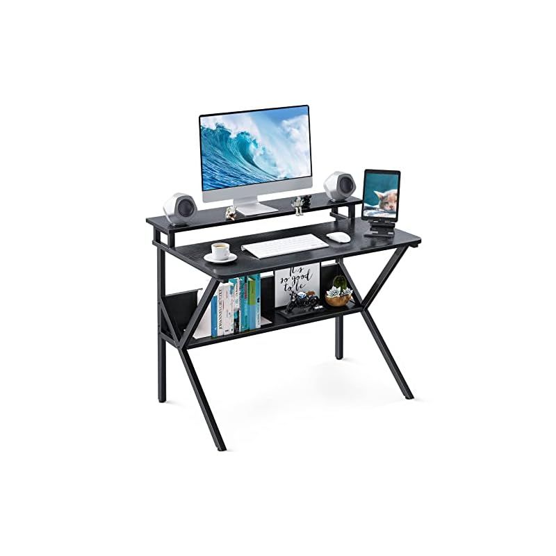 KKL 机 pcデスク パソコンデスク コンパクト モニター台付き 幅70 cm×奥行60 cm ゲーミングデスク 勉強机 小さい computer desk 棚付き テレワークデスク 省スペース 一人暮らし 組立簡単 モニターアーム対応 ブラック 1