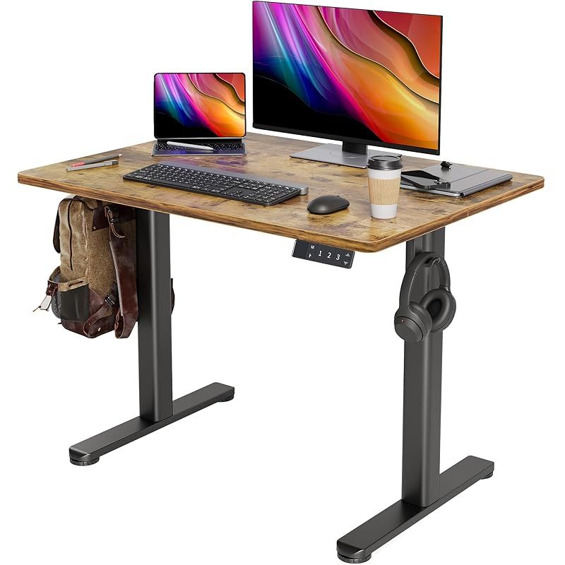 Claiks 昇降デスク 電動 スタンディングデスク 昇降式 テーブル 幅100 cm 奥行き60 テレワーク オフィスデスク 在宅ワーク パソコンデスク 高さ調節 メモリー機能 ブラックフレーム ブラウン天板 1