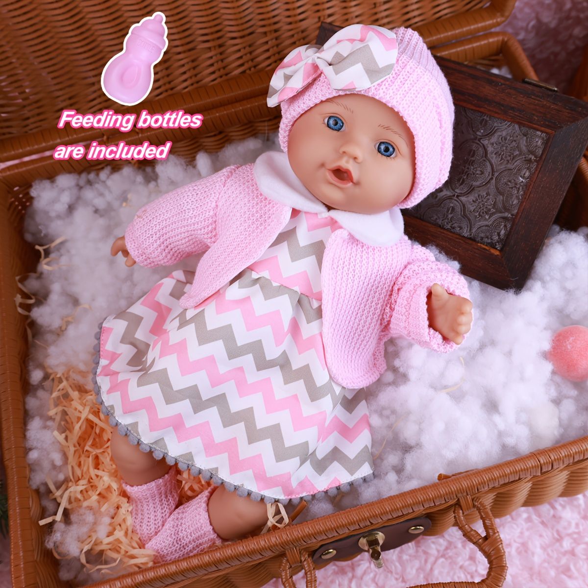 リアルな新生児】13インチ リボーンドール 哺乳瓶付き ピンク PVC製