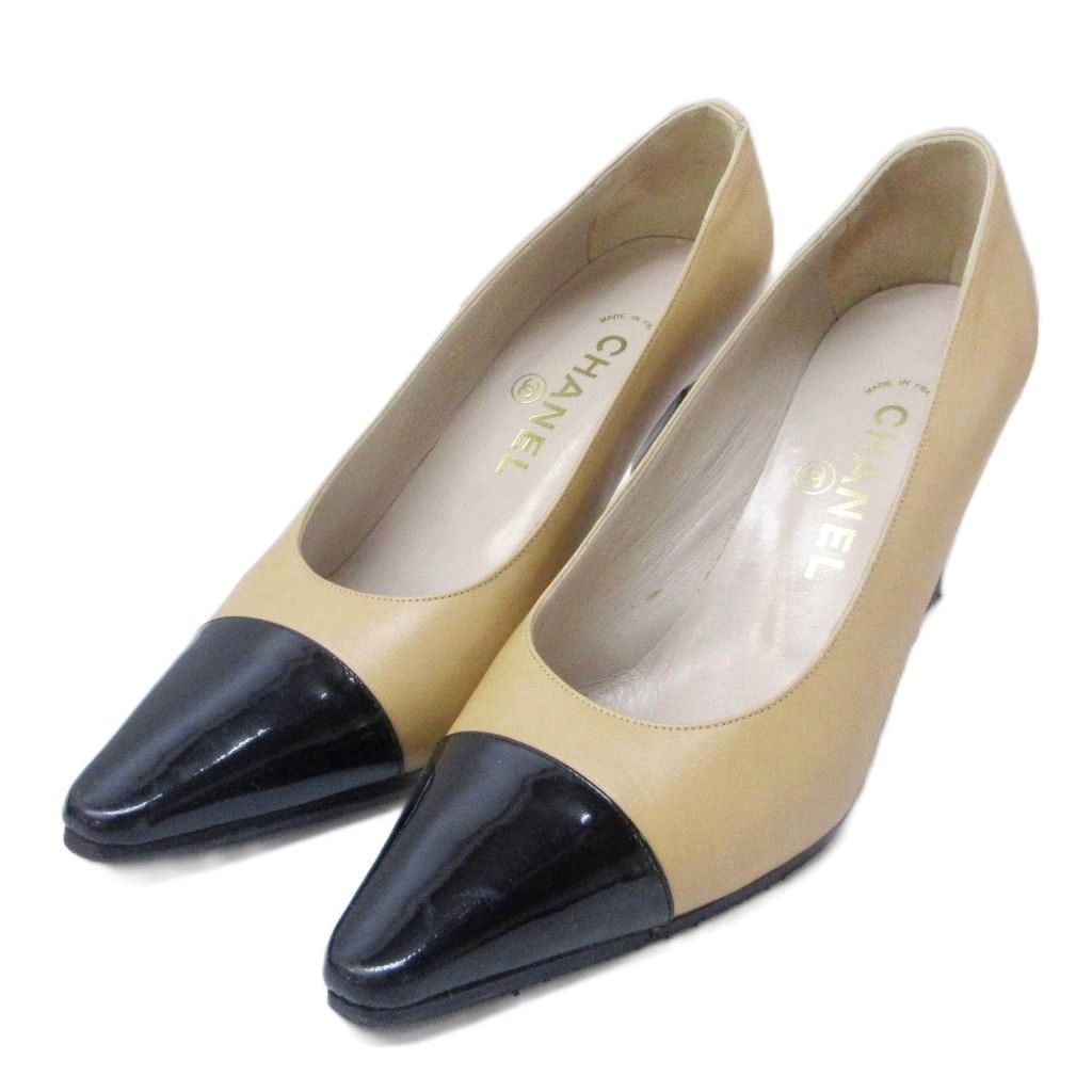 シャネル CHANEL パンプス バイカラー レザー 切替 エナメル ココ