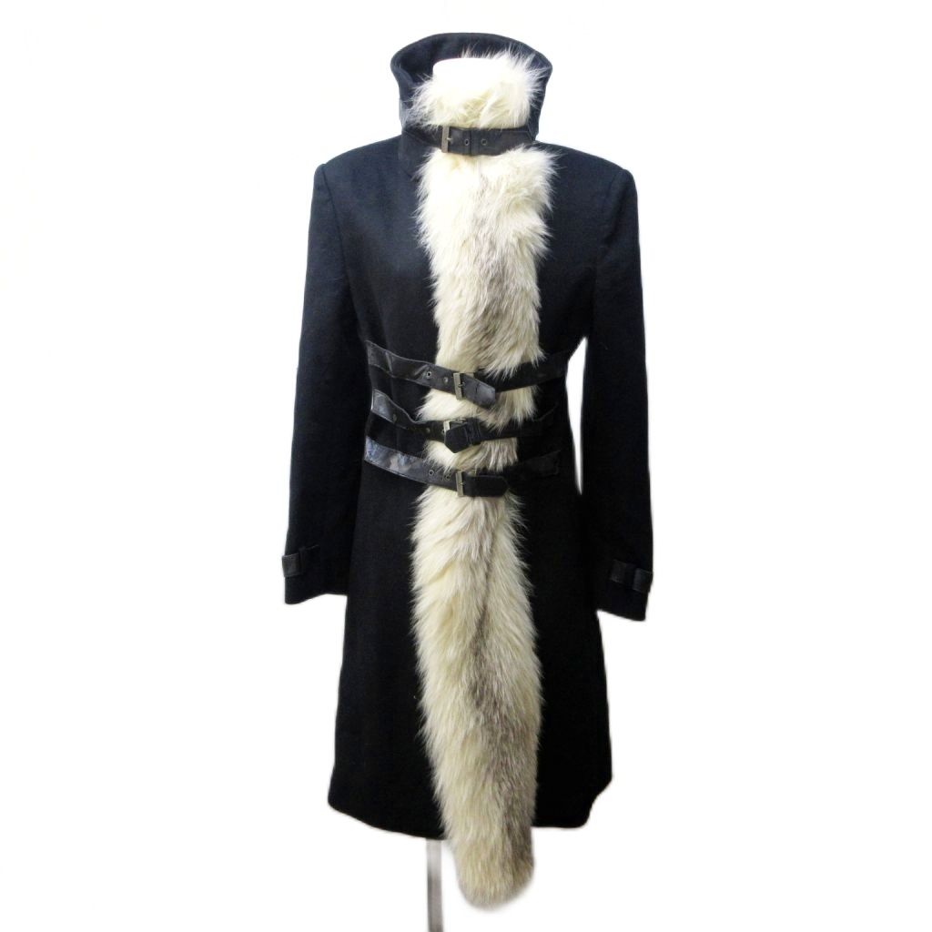 スポーツマックスコード マックスマーラ SPORTMAX CODE ロングコート ウール 切替 フォックスファー 毛皮 スタンド ストラップ 38 約S 黒 ブラック IBO81 1107