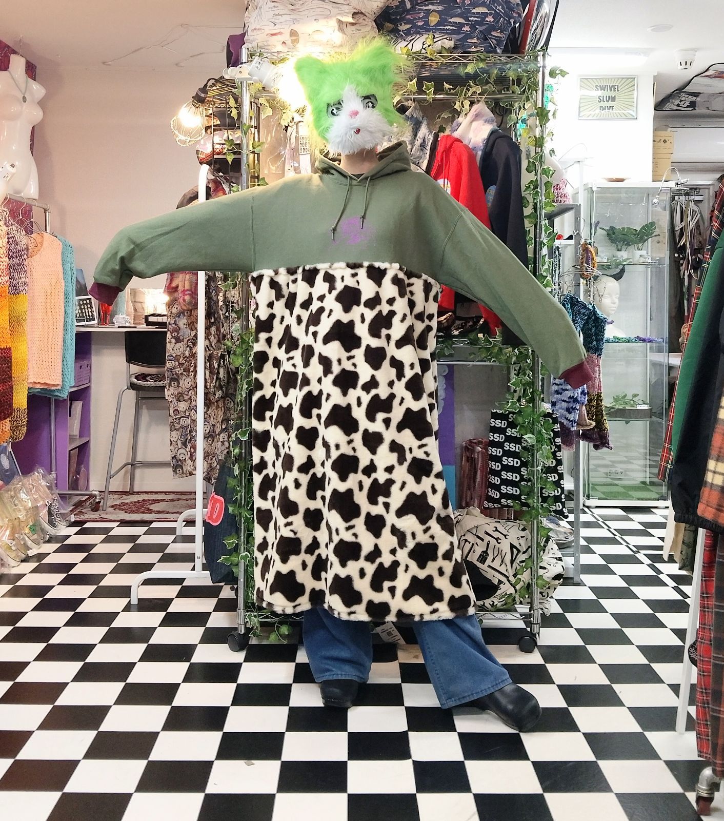  リメイク 牛柄フェイクファー切り替えパーカーワンピース 長袖 七分袖 カットソーワンピース