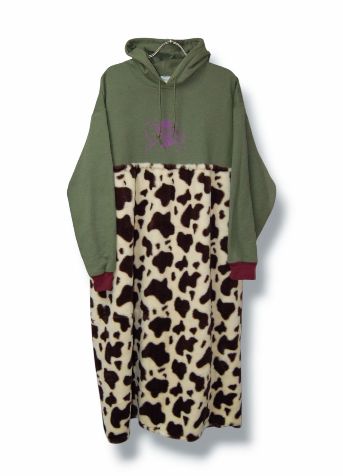 リメイク 牛柄フェイクファー切り替えパーカーワンピース