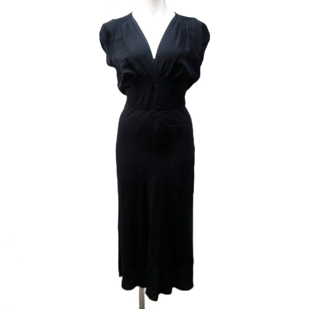 マックスマーラ MAX MARA 白タグ シルク ドレス ワンピース ギャザー リボン ベルト 半袖 ロング 40 約M 黒 ブラック IBO81 1104