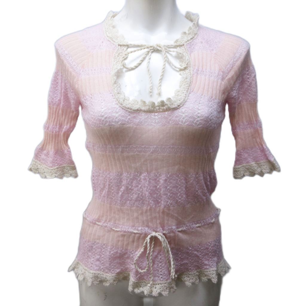 ルイヴィトン LOUIS VUITTON ニットカットソー カシミヤ フリル レース リボン ボーダー調 半袖 M ピンク 系 IBO83 1109