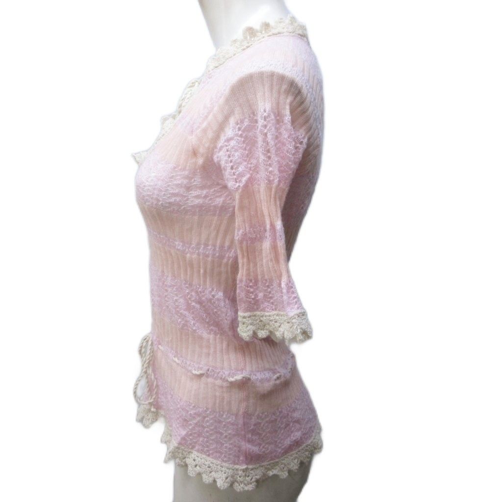 ルイヴィトン LOUIS VUITTON ニットカットソー カシミヤ フリル レース リボン ボーダー調 半袖 M ピンク 系 IBO83 1109