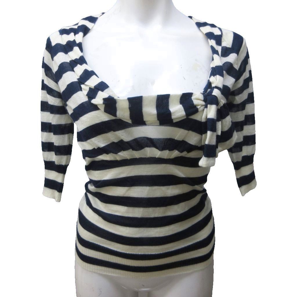 ルイヴィトン LOUIS VUITTON ニットカットソー カシミヤ シルク混 カシシル ボーダー リボン 5分袖 S ホワイト ネイビー 系 IBO83 1109