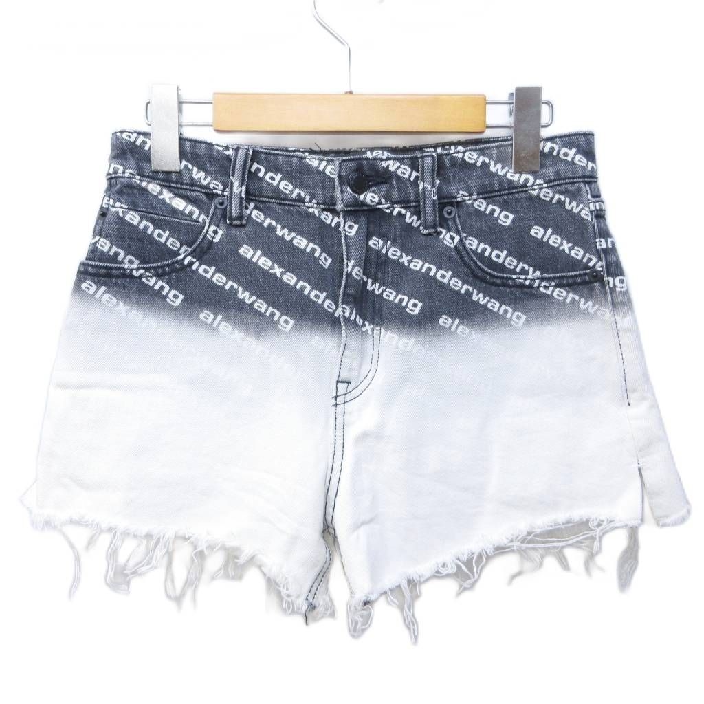 アレキサンダーワン ALEXANDER WANG ロゴ デニムショートパンツ カットオフ加工 フリンジ グラデーション ハイウエスト 26 ブラック ホワイト 系 IBO83 1109