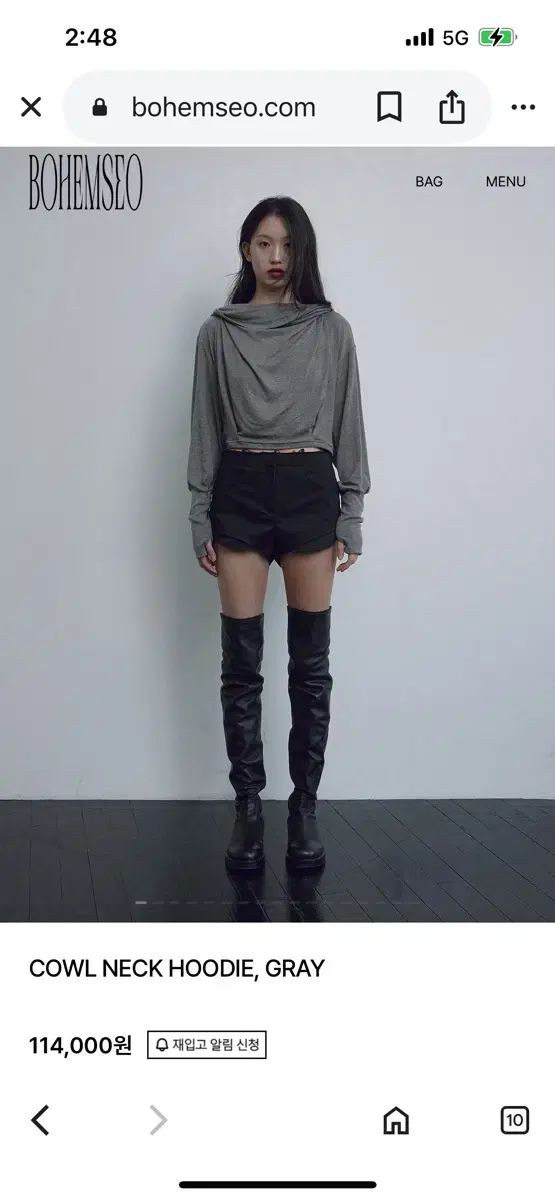 BOHEMSEO ボヘミアンソウル カウル ネック フーディー グレー COWL NECK HOODIE