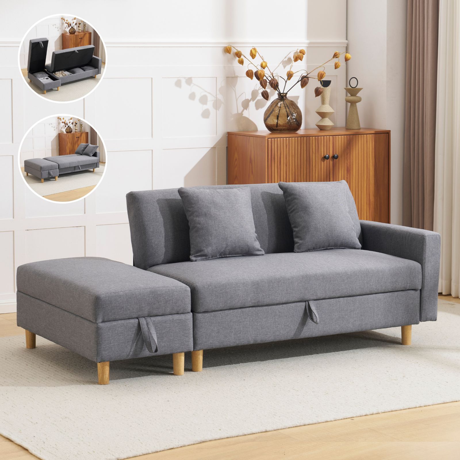 ソファカチン ソファー ソファーベッド 3P 3人掛けソファ 5waysアレンジ 肘掛け 収納付き オートマン付き 取付 な脚 折り畳み式 大容量の収納 セット おしゃれ 来客対応 取り外し な脚