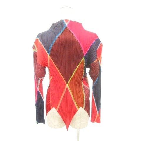 プリーツプリーズ PLEATS PLEASE ひし形 カラフル スリット カットソー 長袖 スタンドネック 3 約Lサイズ 赤 レッド系 マルチ