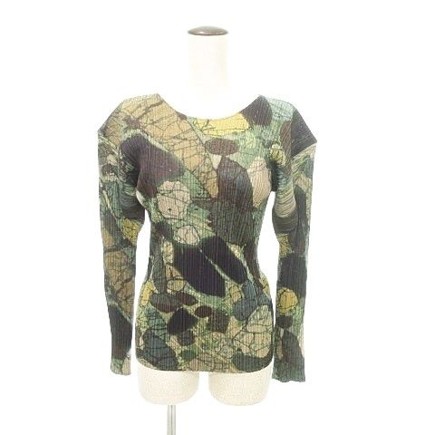 プリーツプリーズ PLEATS PLEASE ボタニカル風 総柄 プリーツ トップス カットソー 3 約Lサイズ カーキ系