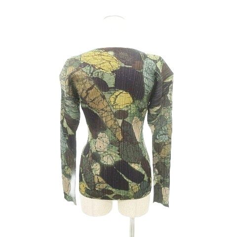 プリーツプリーズ PLEATS PLEASE ボタニカル風 総柄 プリーツ トップス カットソー 3 約Lサイズ カーキ系