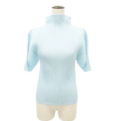 プリーツプリーズ PLEATS PLEASE スタンドネック プリーツトップス ブラウス 半袖 3 約Lサイズ 水色 スカイブルー