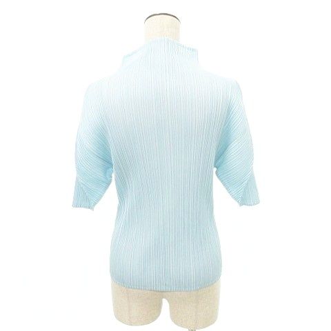 プリーツプリーズ PLEATS PLEASE スタンドネック プリーツトップス ブラウス 半袖 3 約Lサイズ 水色 スカイブルー