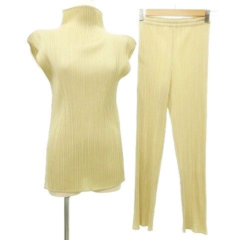 プリーツプリーズ PLEATS PLEASE イッセイミヤケ プリーツ パンツ セットアップ 上下 ハイネック ノースリーブ 2 ベージュ
