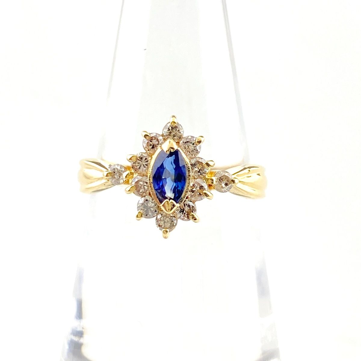 サファイア デザインリング YG イエローゴールド 指輪 メレダイヤ リング 11.5号 K18 サファイア ダイヤモンド レディース