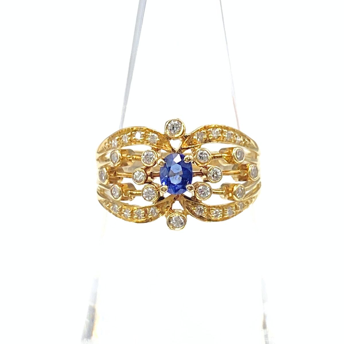 サファイア デザインリング YG イエローゴールド 指輪 メレダイヤ リング 11号 K18 サファイア ダイヤモンド レディース