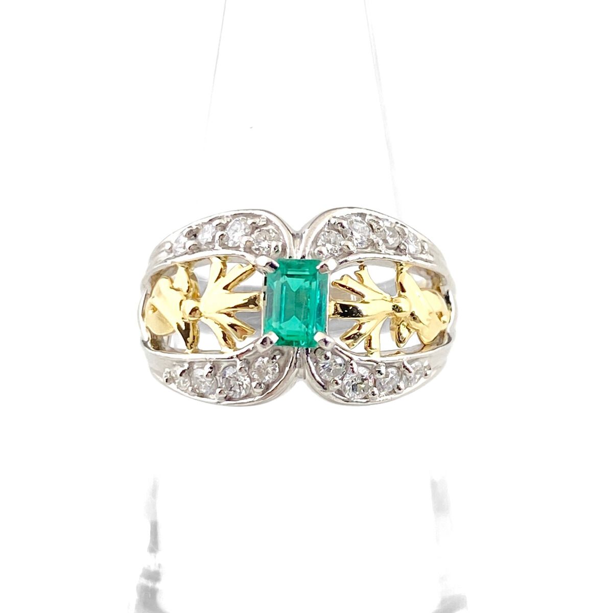 エメラルド デザインリング プラチナ YG イエローゴールド 指輪 メレダイヤ リング 11.5号 Pt900 K18 エメラルド レディース