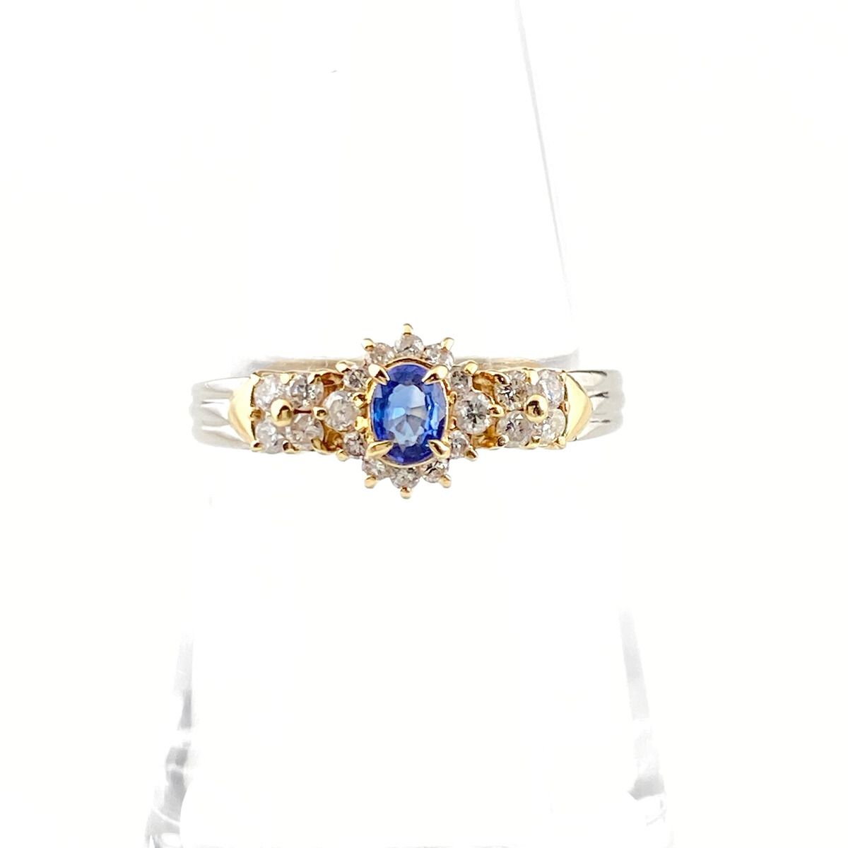 サファイア デザインリング YG イエローゴールド プラチナ 指輪 メレダイヤ リング 14号 K18 Pt900 サファイア レディース