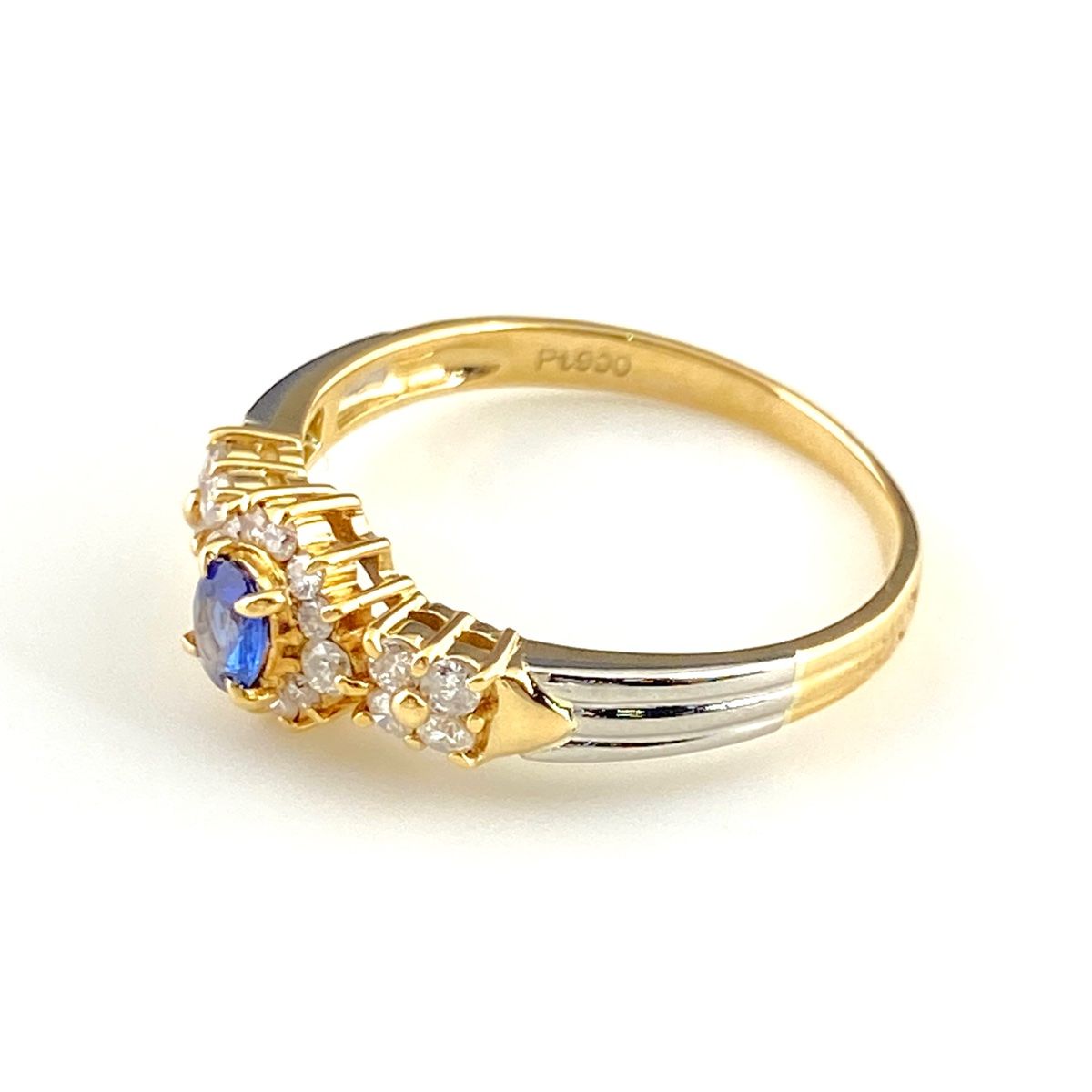 サファイア デザインリング YG イエローゴールド プラチナ 指輪 メレダイヤ リング 14号 K 18 Pt 900 レディース