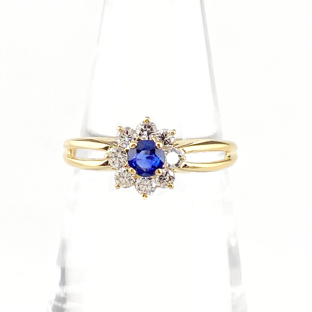 サファイア デザインリング YG イエローゴールド 指輪 メレダイヤ リング 4.8号 750 サファイア ダイヤモンド レディース