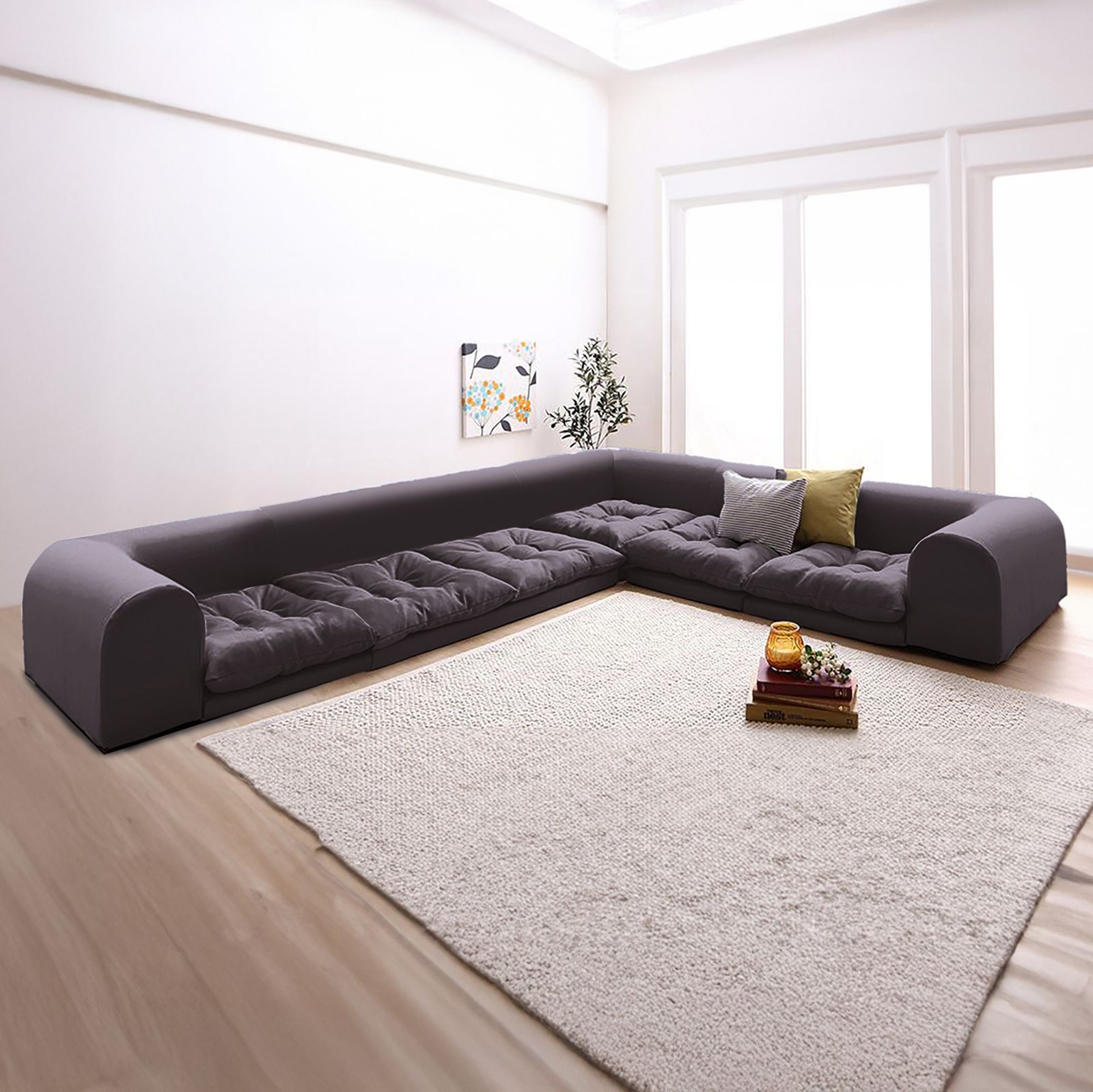 ローソファ コーナーソファ 低め 4点セット リクライニング こたつにも L型 フロアソファ 背もたれ付き クッション付き レイアウト自由 み 安心の