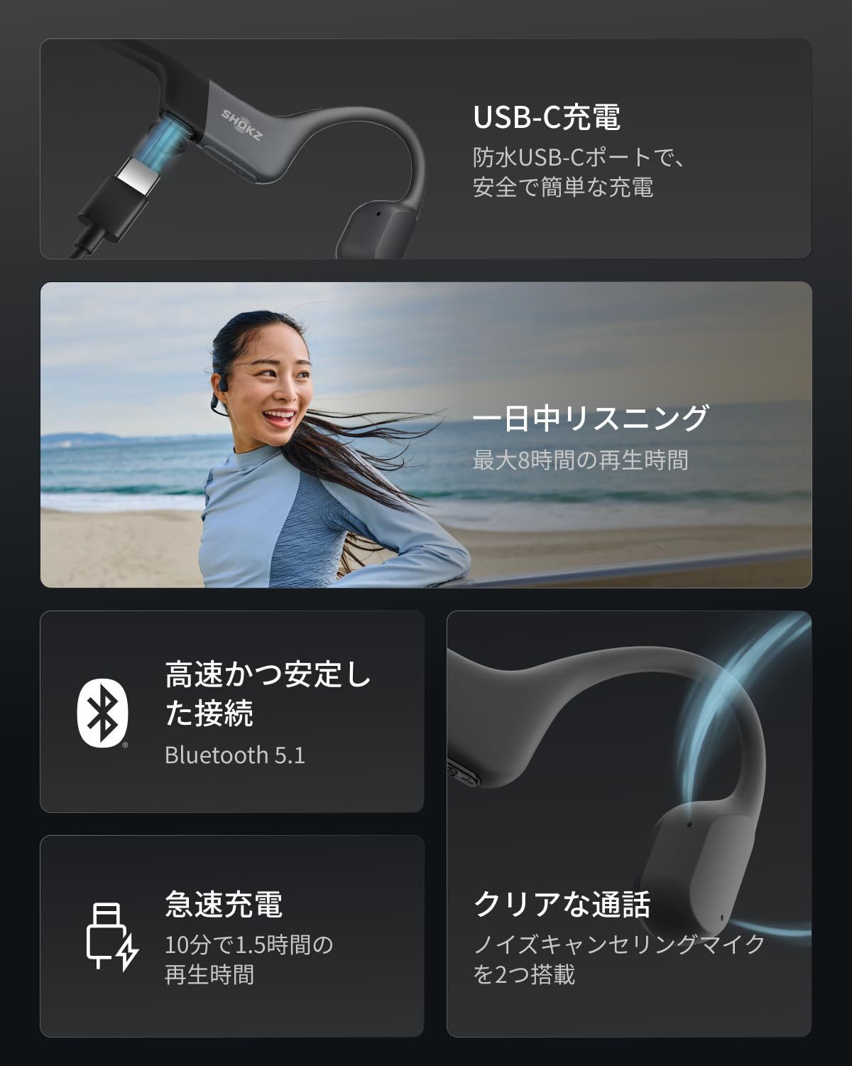 Shokz ショックス OpenRun 骨伝導イヤホン ワイヤレス Bluetooth5.1 オープンイヤーヘッドホン 耳を塞がない 自動ペアリングヘッドフォン マイク付き ランニング スポーツイヤフォン IP67防塵防水 スポーツヘアバンド付