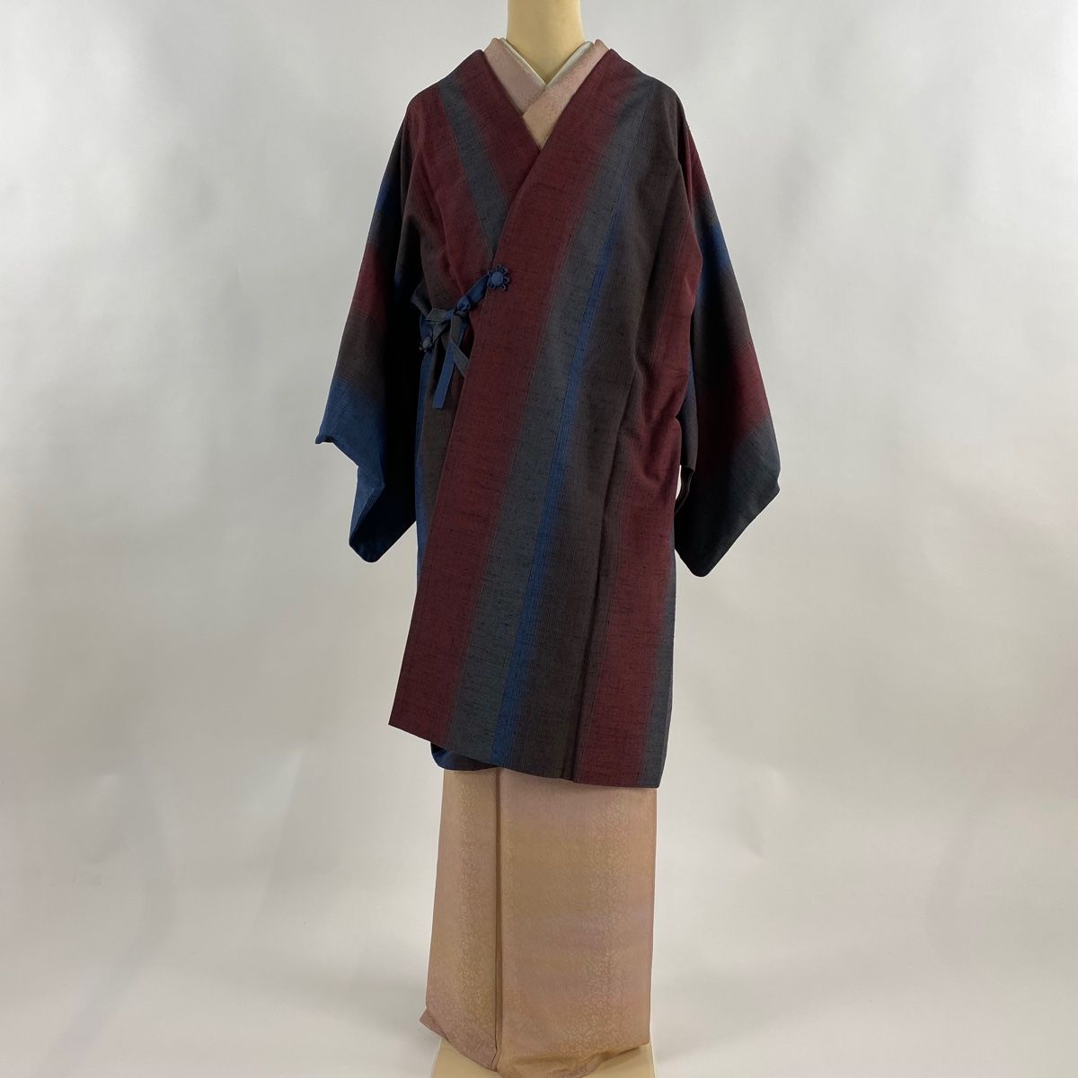 道中着 身丈103 cm 裄丈64 M 和装コート 紬地 縞 えんじ色 正絹 秀品