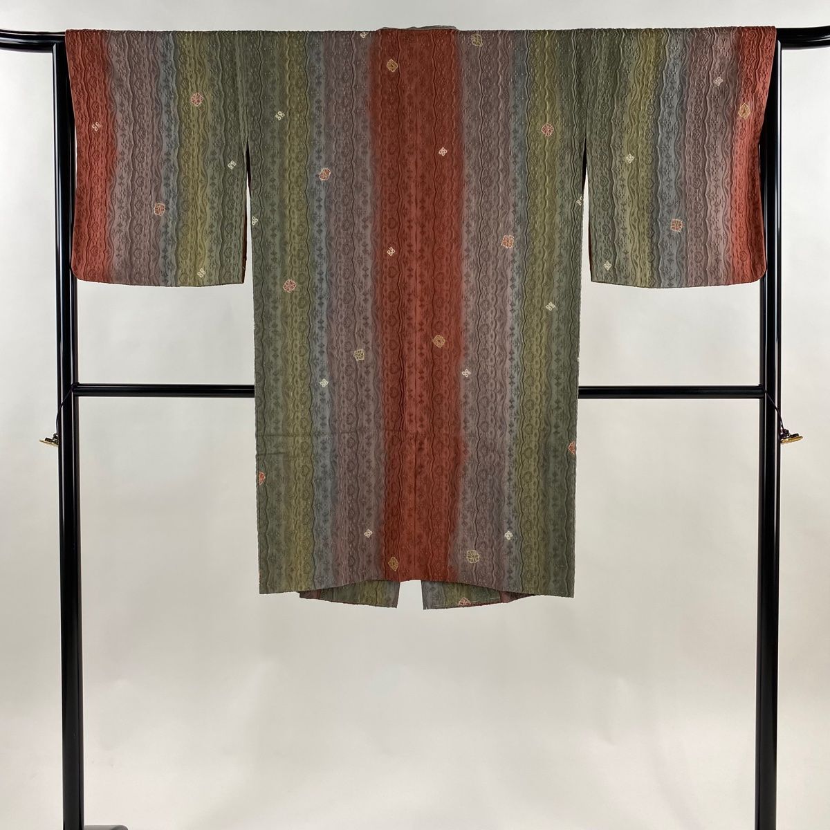 道中着 身丈104.5 cm 裄丈65 M 和装コート 草花 縞 ぼかし 灰紫 正絹 秀品