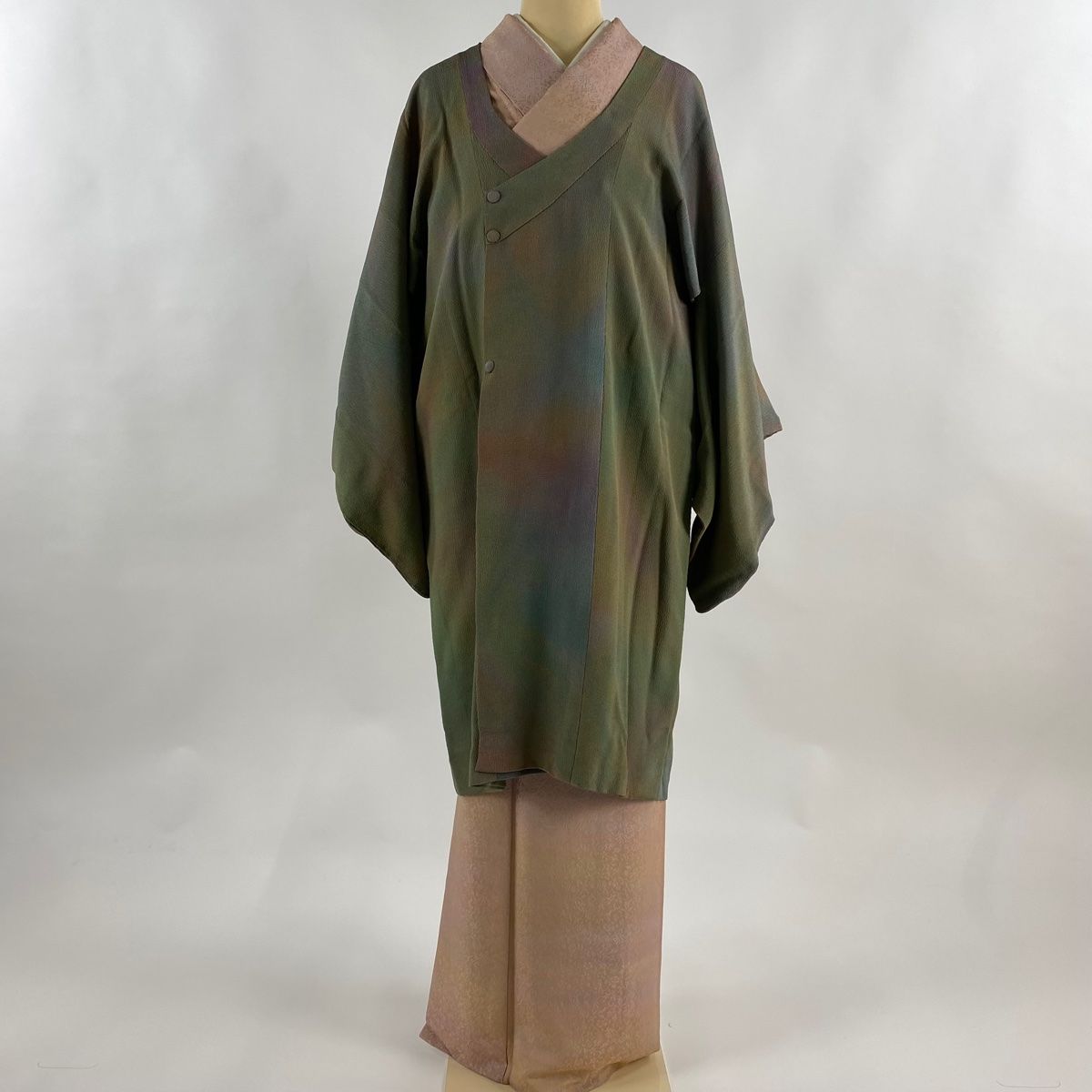 道行 身丈100 cm 裄丈63 S 和装コート 千代田衿 ぼかし ちりめん 茶緑色 正絹 秀品