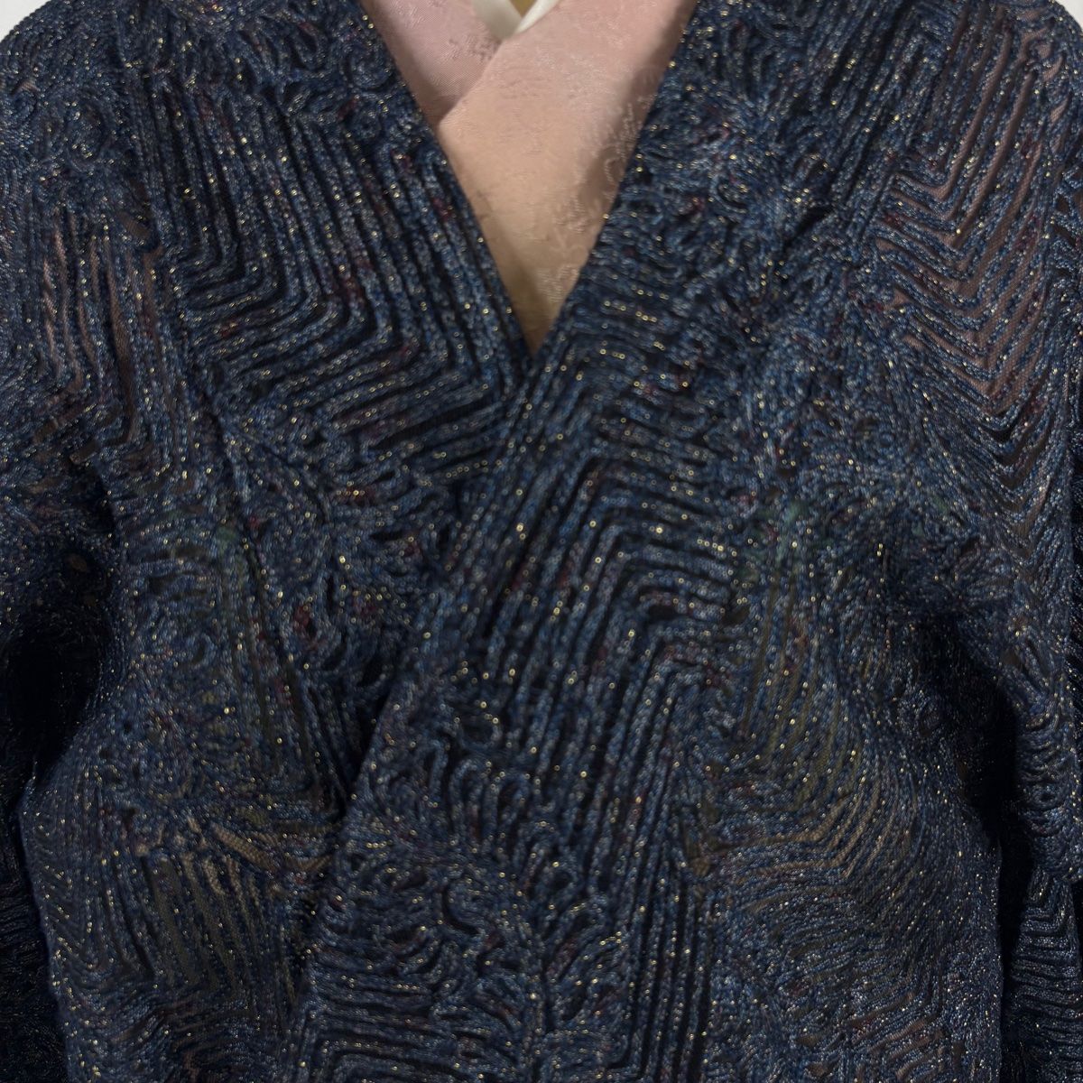  道中着 身丈91 cm 裄丈65 5 M 和装コート 草花 幾何学模様 箔 紺色 正絹 秀品 羽織 着物 浴衣