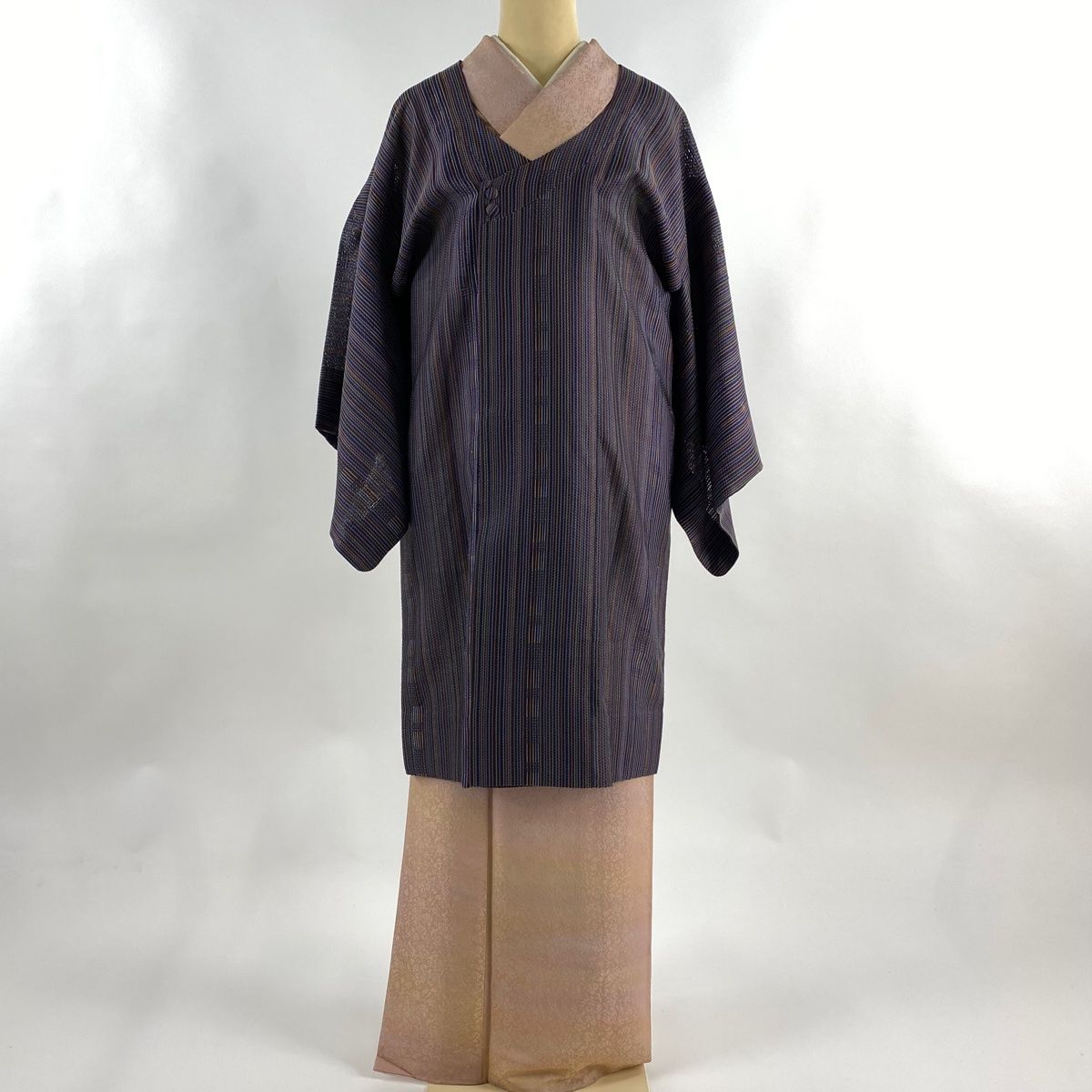 道行 身丈99 cm 裄丈62 5 S 和装コート 千代田衿 縞 幾何学模様 紫 正絹 秀品