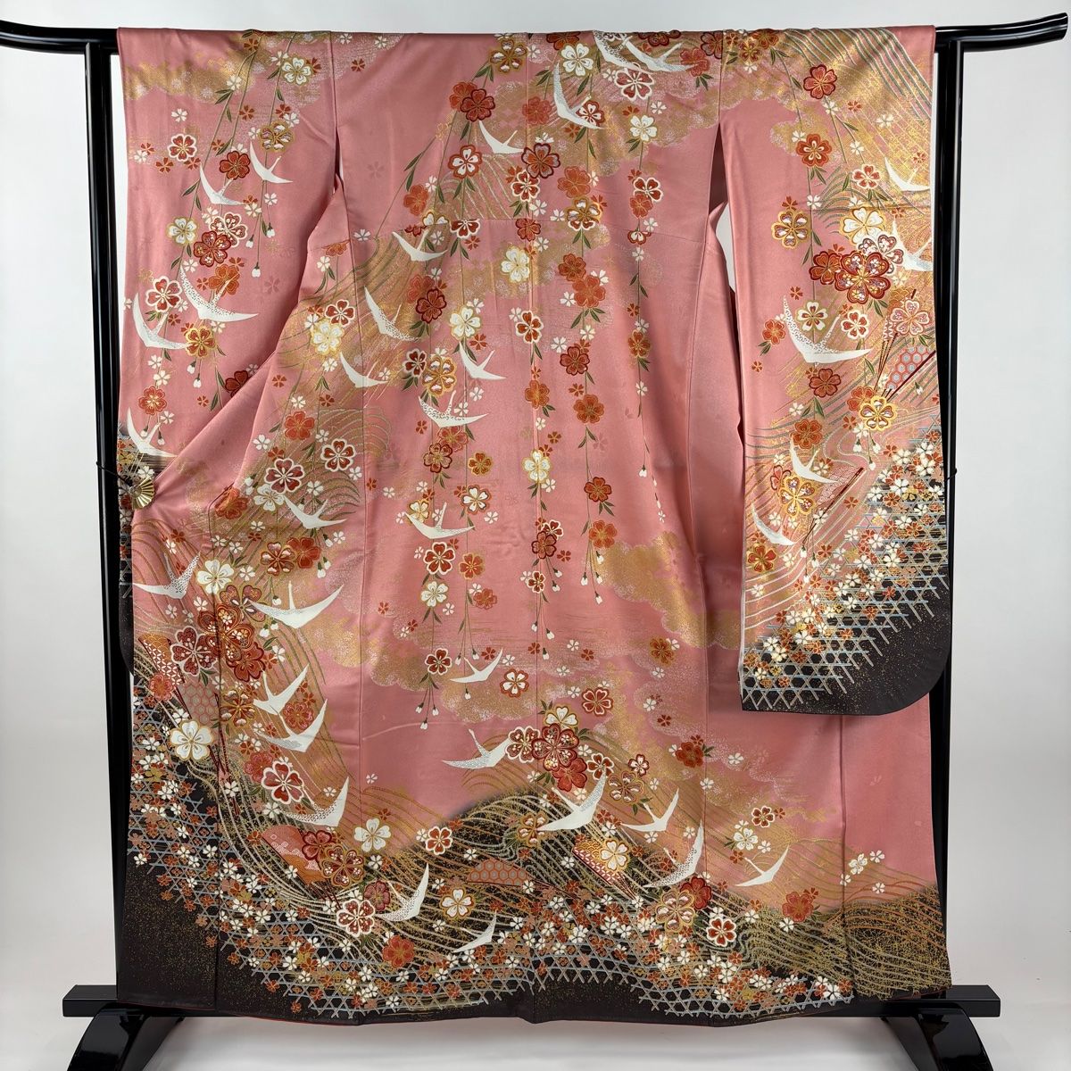 振袖 身丈161 cm 裄丈62 S 袷 桜 鶴 金糸 金彩 ピンク 正絹 秀品