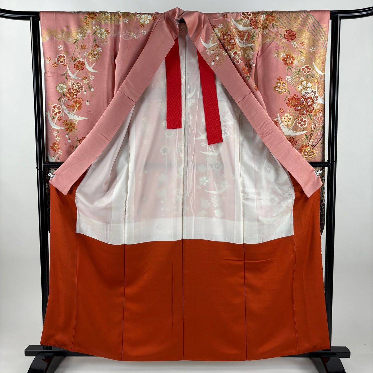  振袖 身丈161 cm 裄丈62 S 袷 桜 鶴 金糸 金彩 ピンク 正絹 秀品 振袖 着物
