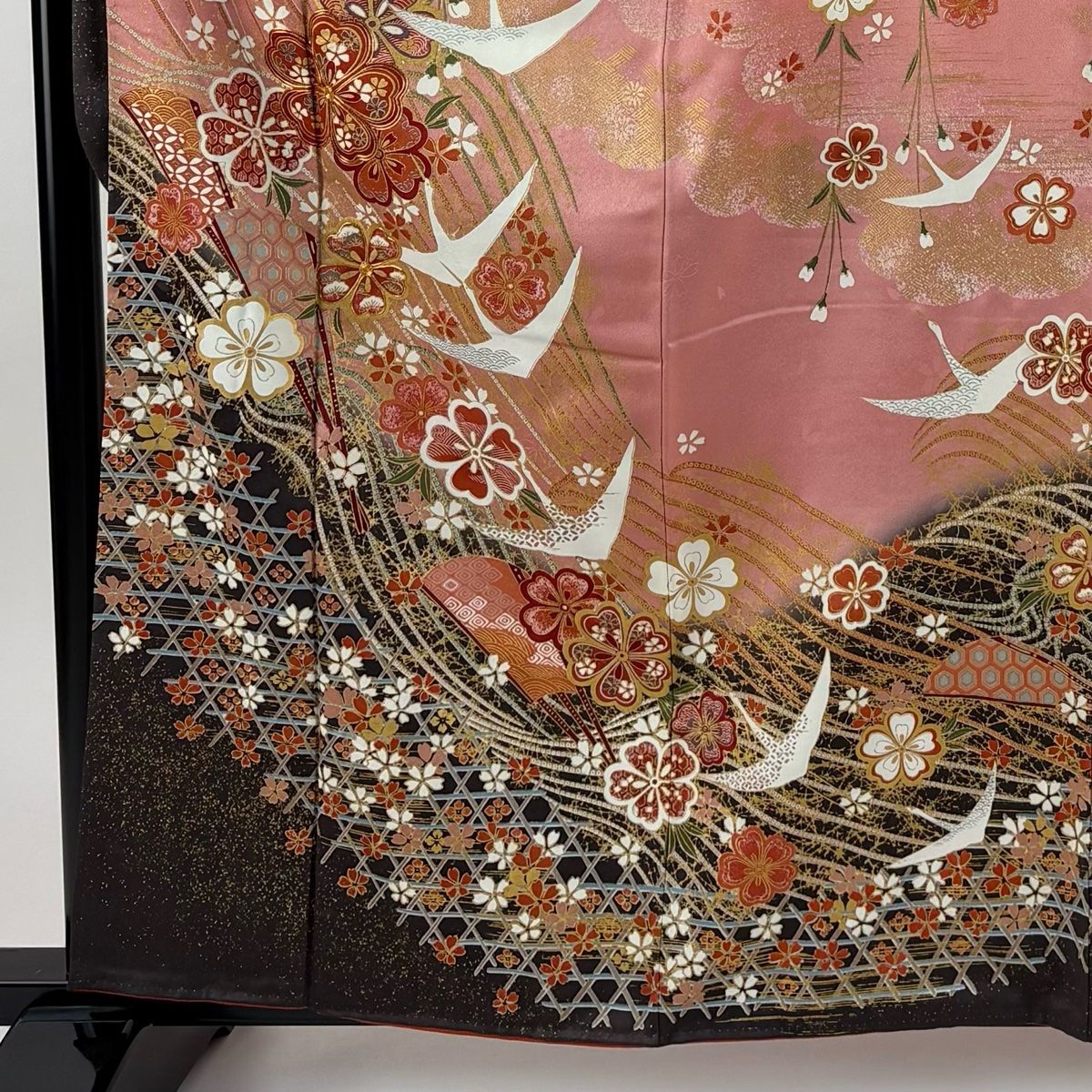 振袖 身丈161 cm 裄丈62 S 袷 桜 鶴 金糸 金彩 ピンク 正絹 秀品