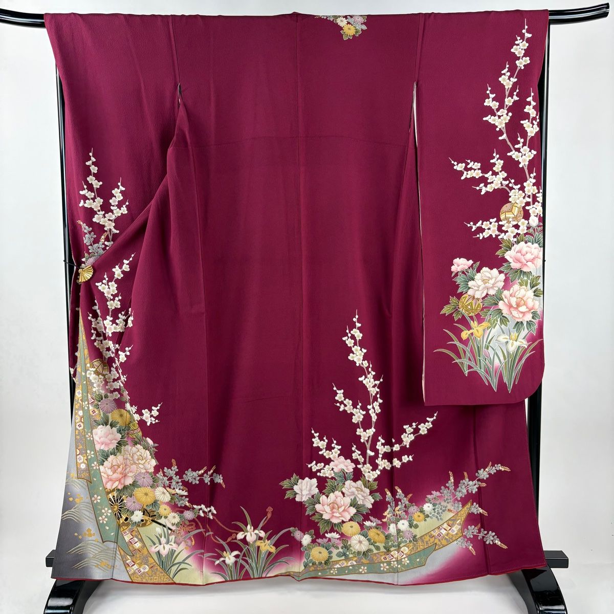 振袖 身丈162 cm 裄丈67.5 L 袷 花車 熨斗 金糸 金彩 赤紫 正絹 秀品