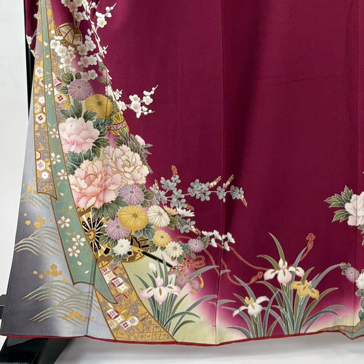 振袖 身丈162 cm 裄丈67.5 L 袷 花車 熨斗 金糸 金彩 赤紫 正絹 秀品