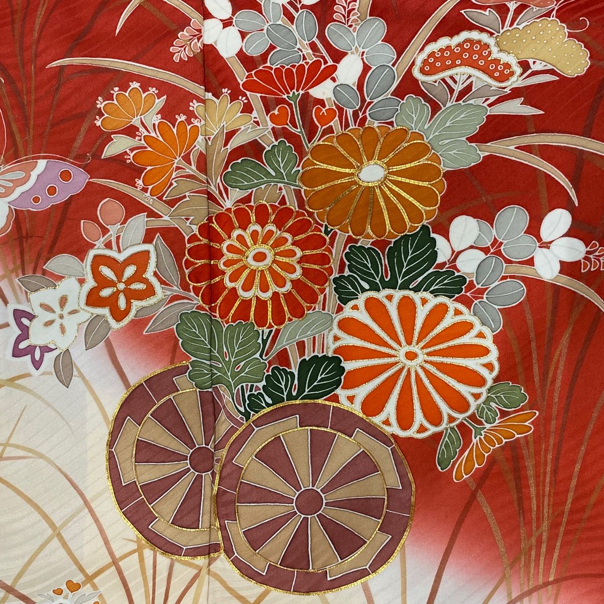  振袖 身丈160.5 cm 裄丈65.5 M 袷 菊 源氏車 金糸 金彩 茜色 正絹 秀品 振袖 着物