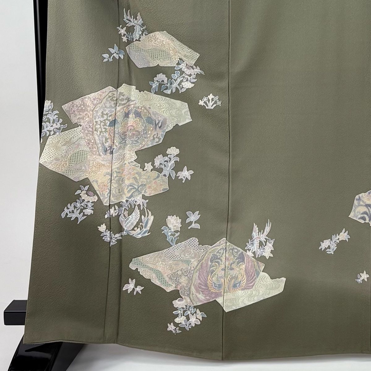 色留袖 身丈165 cm 裄丈66 5 M 袷 鏡裏文 花鳥 ラメ 蘇州刺繍 灰緑 正絹 秀品 一つ紋