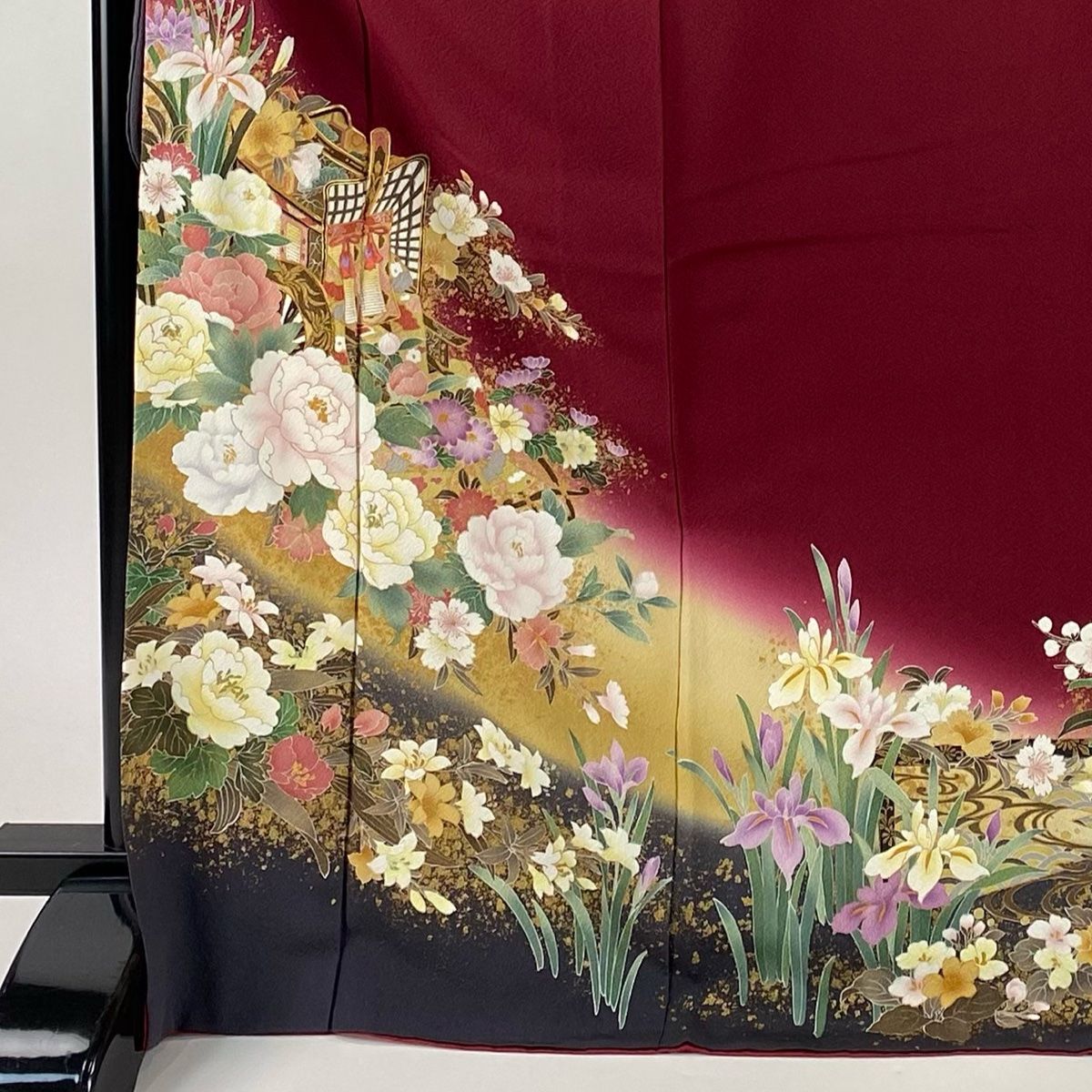 振袖 身丈172 cm 裄丈68 L 袷 御所車 牡丹 金糸 金彩 えんじ色 正絹 秀品