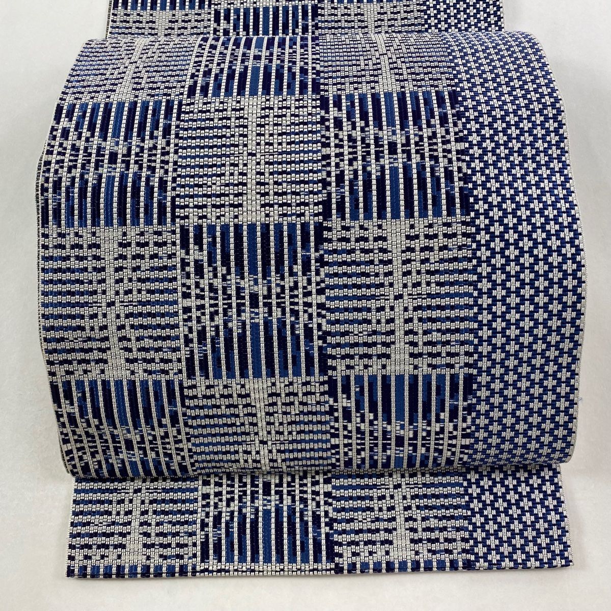 名古屋帯 八寸名古屋帯 市松 幾何学模様 本場筑前博多織 藍色 正絹