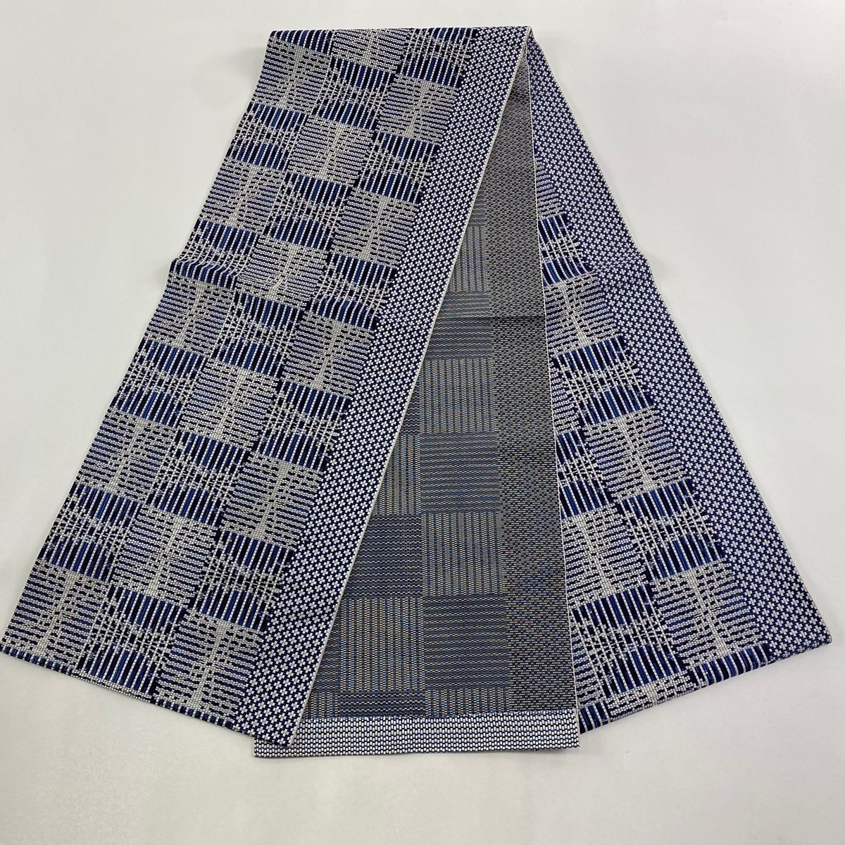  名古屋帯 八寸名古屋帯 市松 幾何学模様 本場筑前博多織 藍色 正絹 名古屋帯 帯