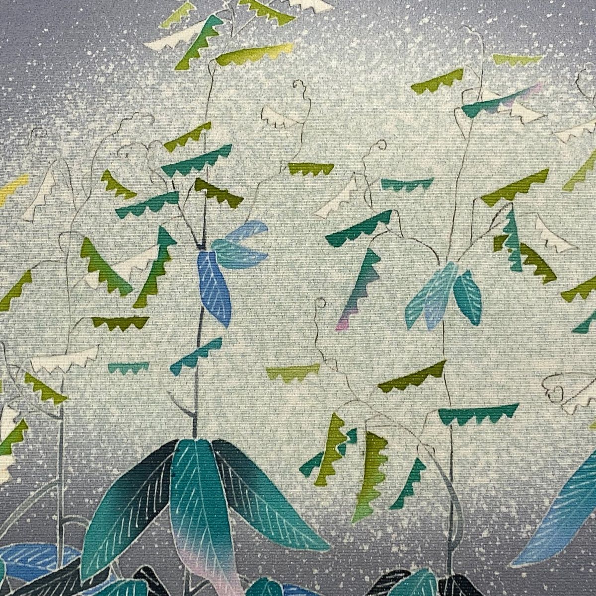 開き名古屋帯 落款 葉柄 銀糸 灰紫 正絹