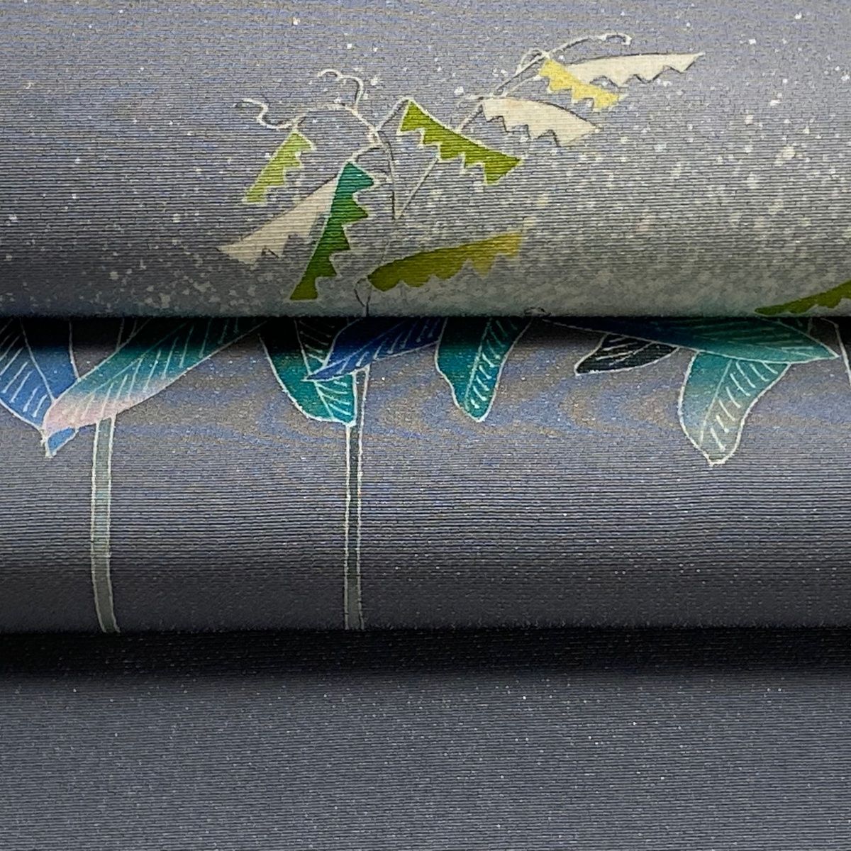  開き名古屋帯 落款 葉柄 銀糸 灰紫 正絹 名古屋帯 帯