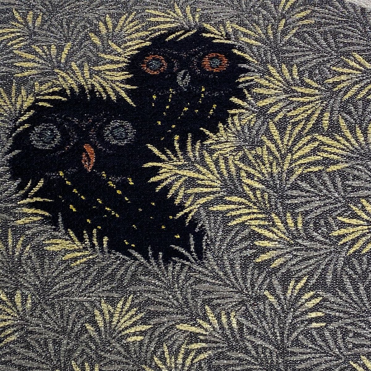 名古屋帯 葉柄 ふくろう 金銀糸 灰色 正絹