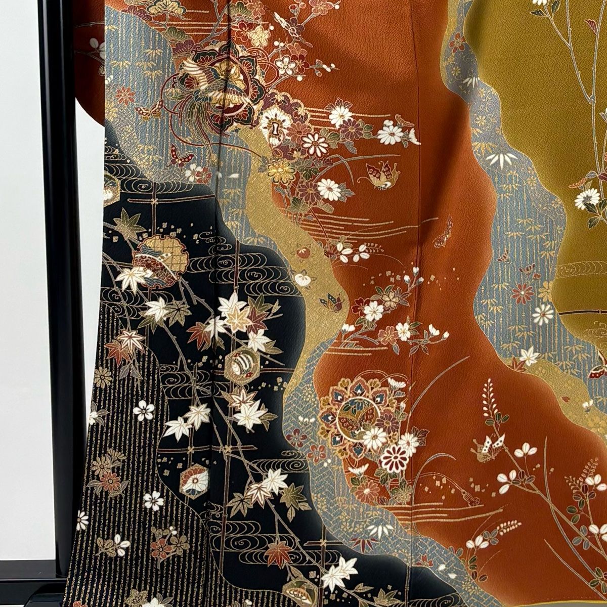 振袖 身丈160 cm 裄丈65.5 M 袷 鳳凰 松竹梅 金糸 金彩 赤茶 正絹 秀品