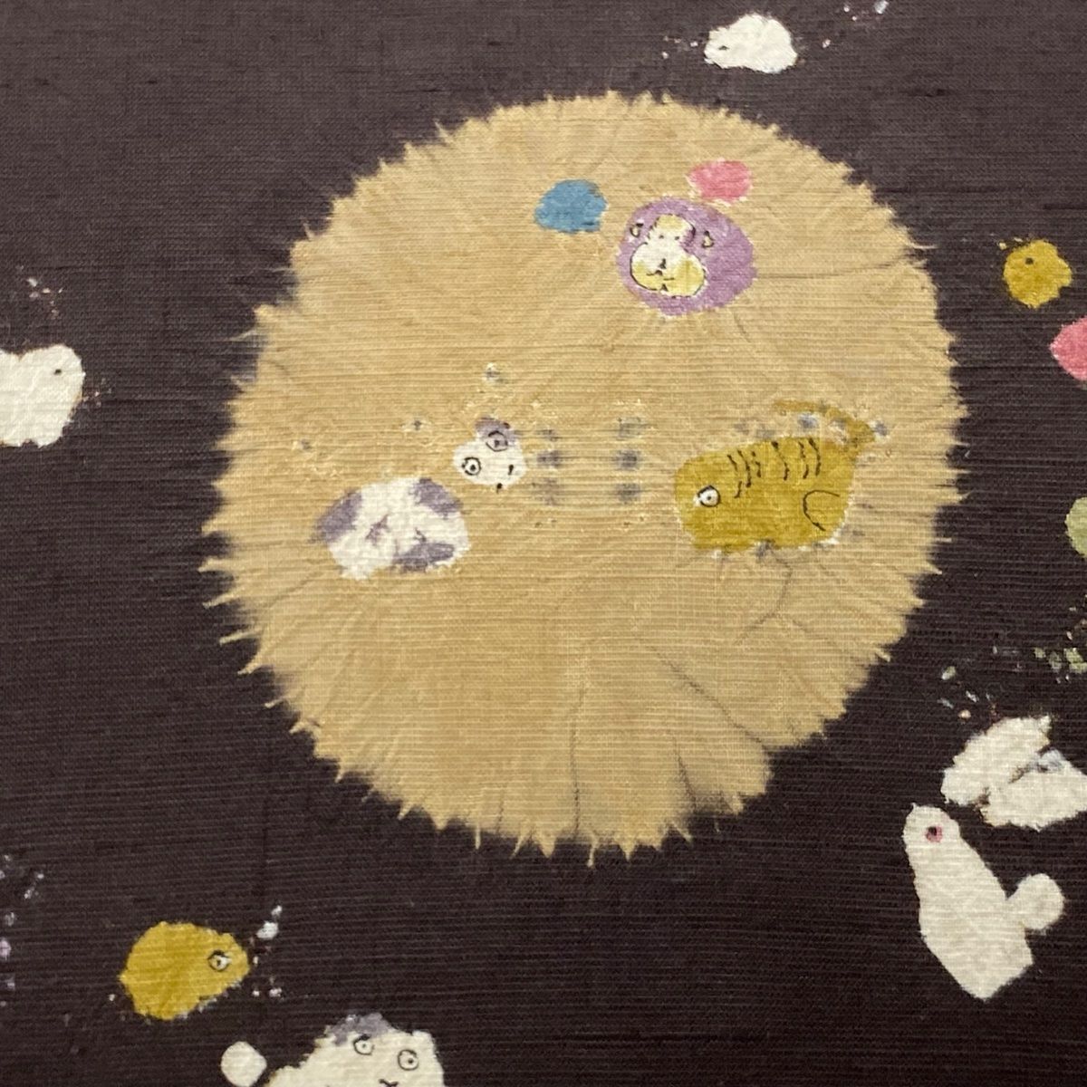 開き名古屋帯 青柳 落款 赤城紬地 奇翠 柿渋 十二支 絞り 草木染 濃紫 正絹